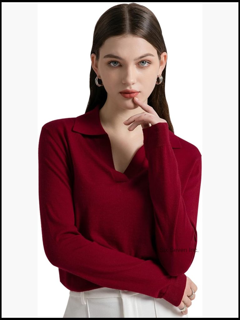 Women's Deep V-Neck Casual Loose Cashmere Pullover Long Sleeve Lapel Sweater